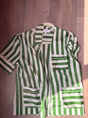 Green and White Vertical Stripe Button-Up Shirt